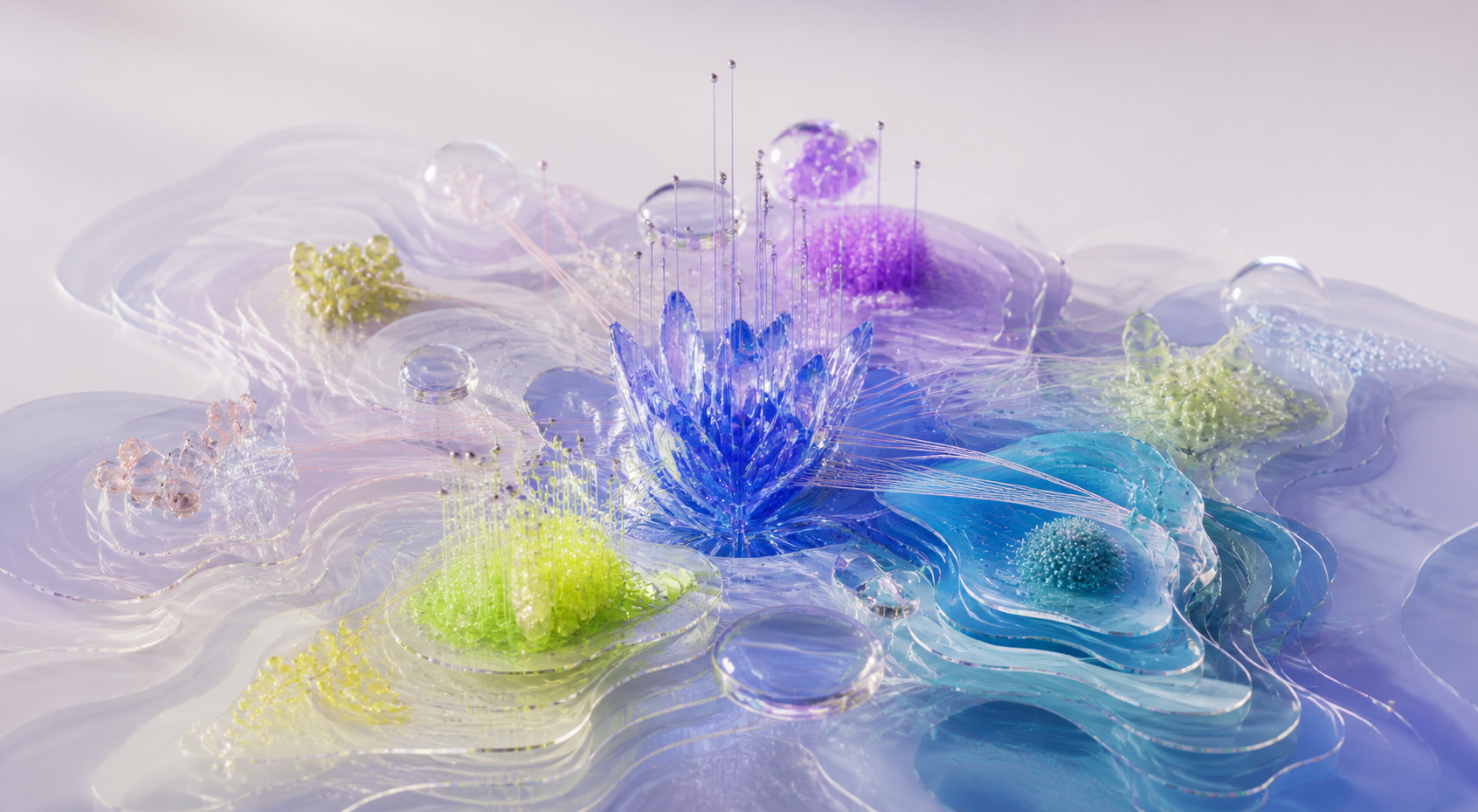 Abstract topographic data landscape where varied signals converge into a crystalline core