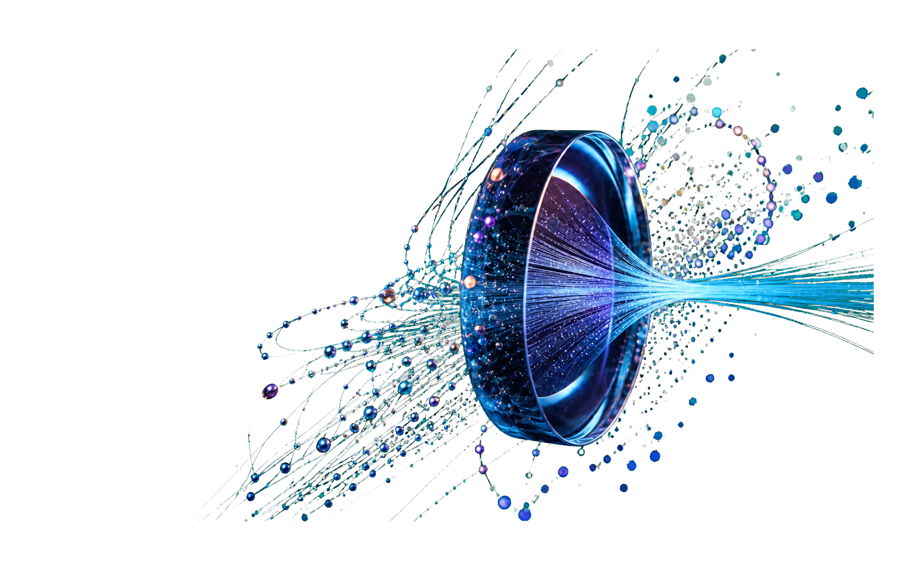 Abstract glass lens focusing scattered data signals into one clear trajectory