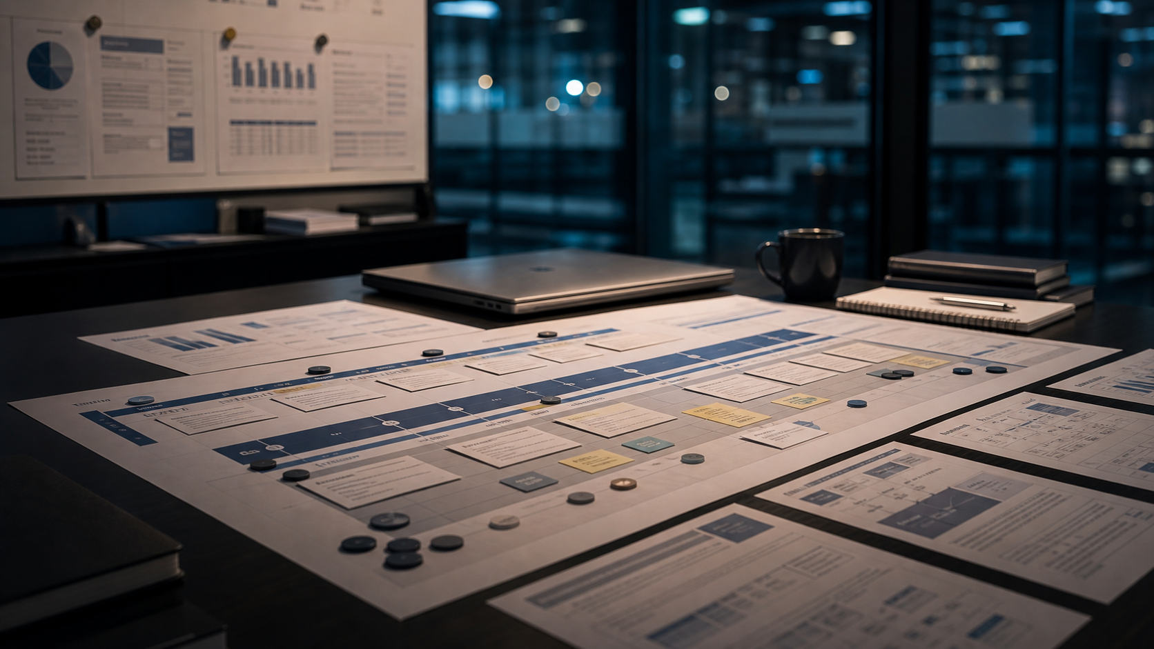 Roadmap cards, milestone sheets, and delivery materials on a consulting table