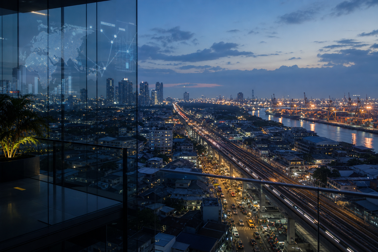 Southeast Asian city infrastructure and logistics corridors viewed through market intelligence glass