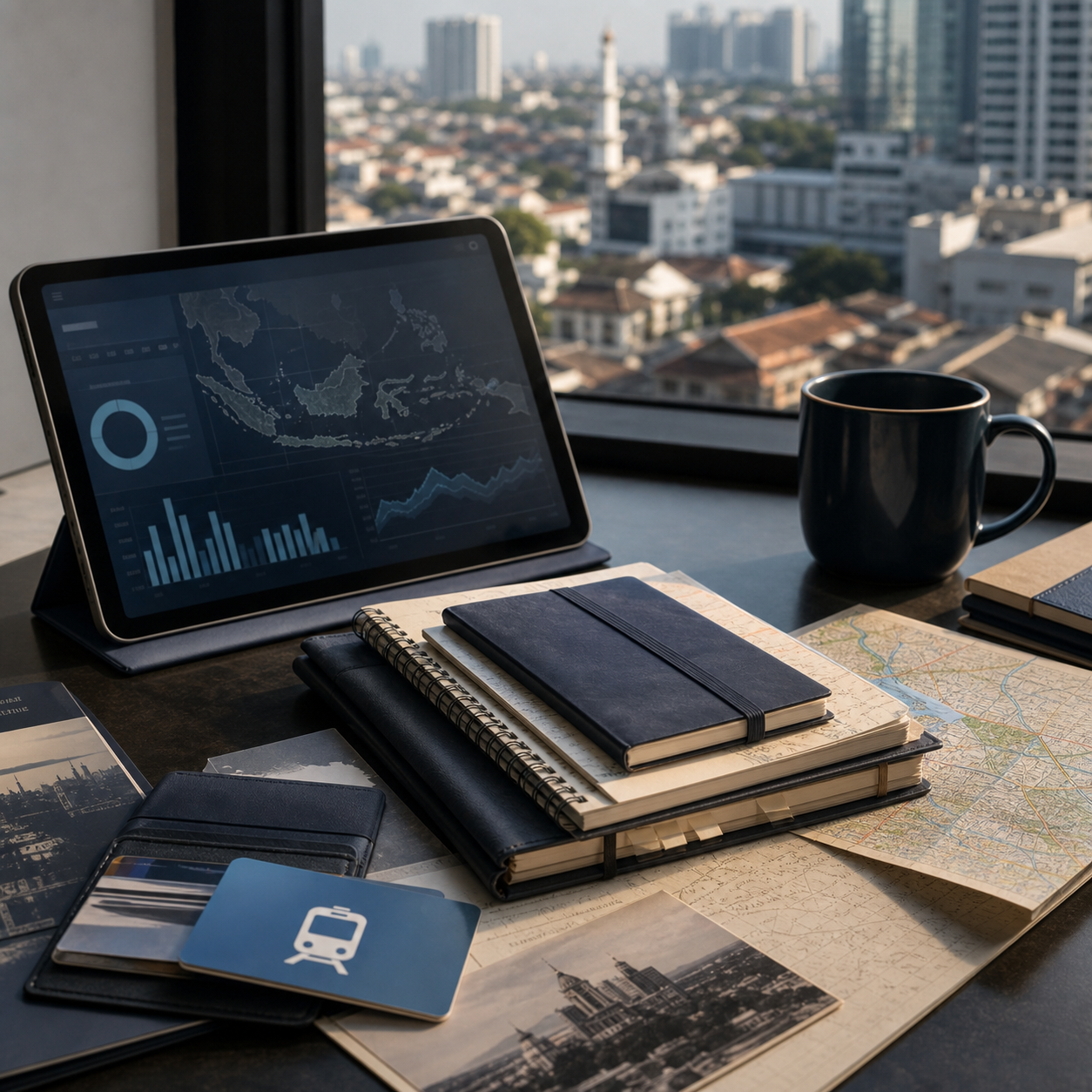 Market notes, local maps, and analytics tools on a desk