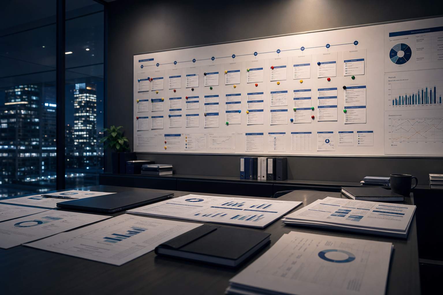 Execution room with roadmap boards and operating dashboards