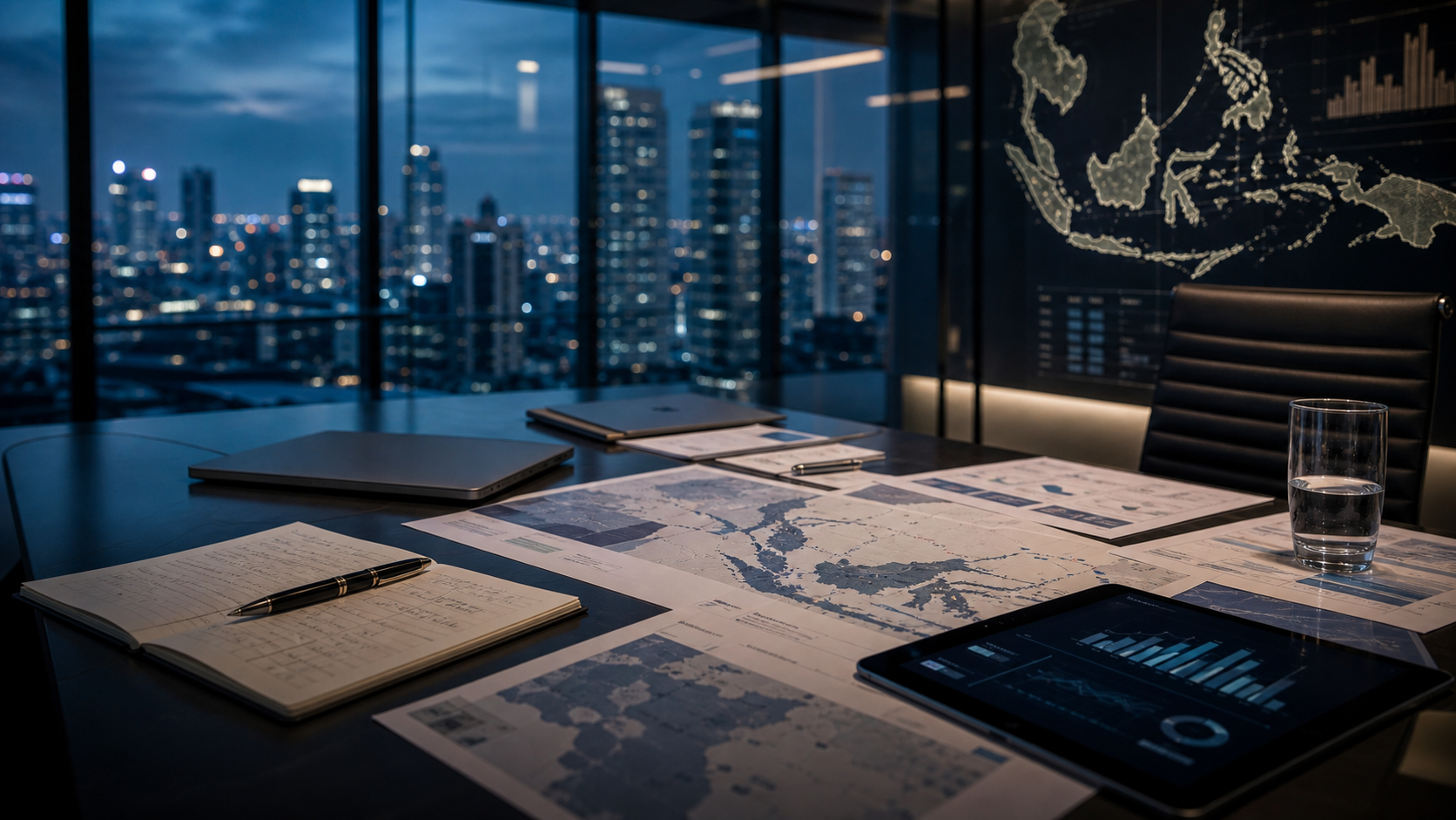 Strategy table with market maps and decision materials in an executive room