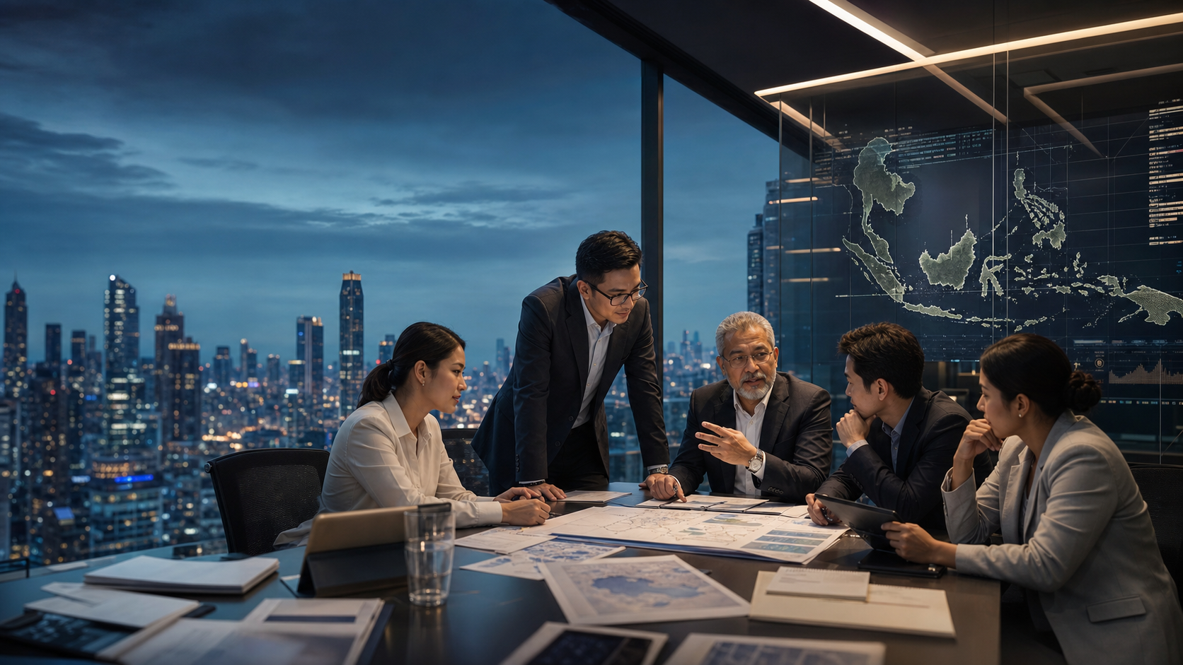 K&A advisors and client leaders discussing Southeast Asia market strategy in an executive room