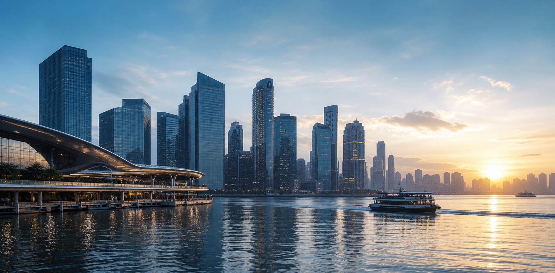 Connected waterfront business district at sunrise