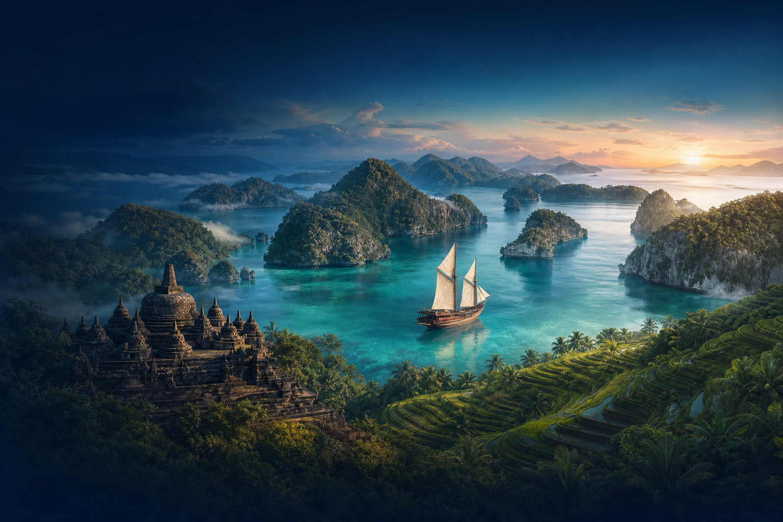 Editorial panorama of Indonesian island tourism, Borobudur, rice terraces and a phinisi boat